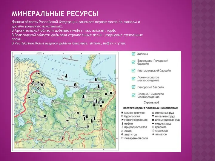 МИНЕРАЛЬНЫЕ РЕСУРСЫ Данная область Российской Федерации занимает первое место по запасам