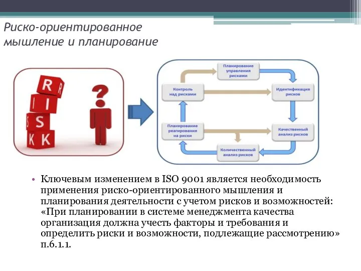 Риско-ориентированное мышление и планирование Ключевым изменением в ISO 9001 является необходимость