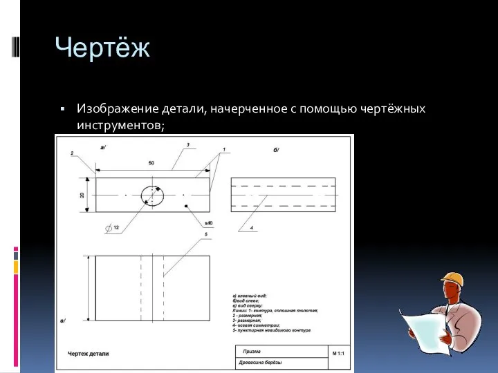 Чертёж Изображение детали, начерченное с помощью чертёжных инструментов;