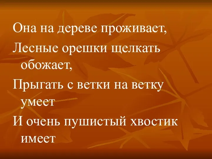 Она на дереве проживает, Лесные орешки щелкать обожает, Прыгать с ветки