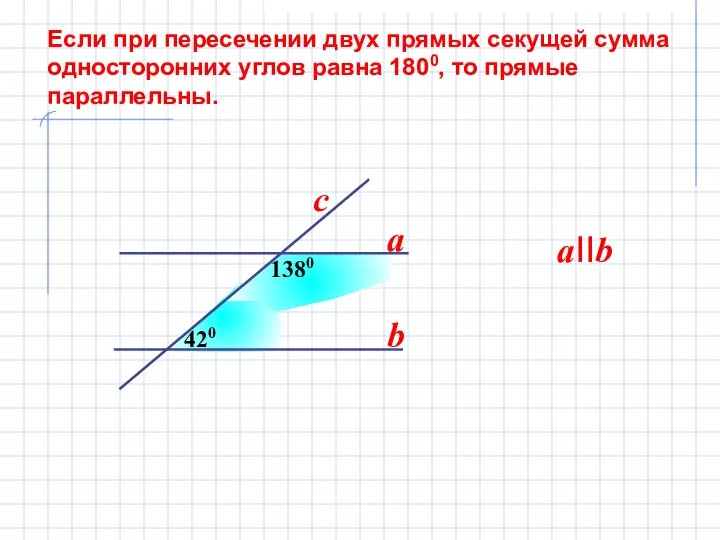 Если при пересечении двух прямых секущей сумма односторонних углов равна 1800,