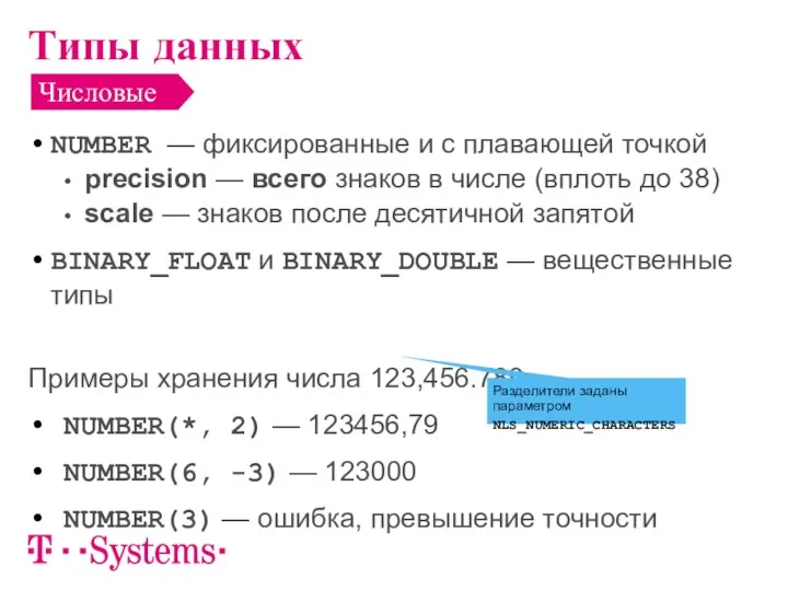 NUMBER — фиксированные и с плавающей точкой precision — всего знаков