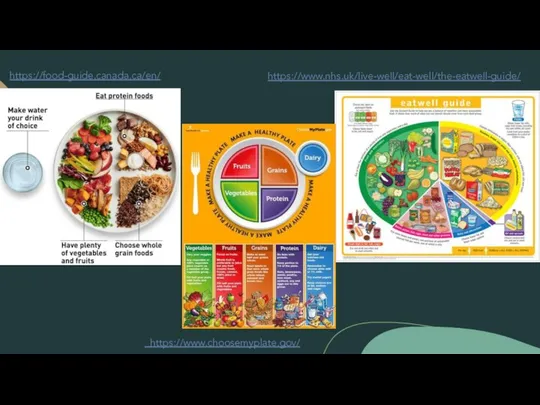 https://food-guide.canada.ca/en/ https://www.nhs.uk/live-well/eat-well/the-eatwell-guide/ https://www.choosemyplate.gov/