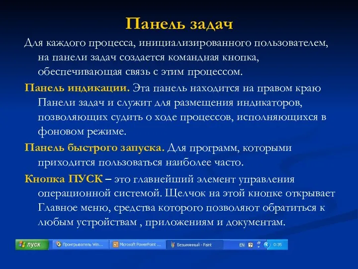 Панель задач Для каждого процесса, инициализированного пользователем, на панели задач создается