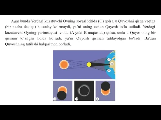 Agar bunda Yerdagi kuzatuvchi Oyning soyasi ichida (O) qolsa, u Quyoshni