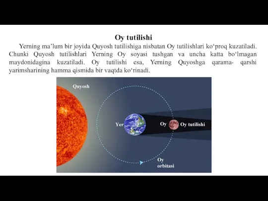 Oy tutilishi Yerning ma’lum bir joyida Quyosh tutilishiga nisbatan Oy tutilishlari