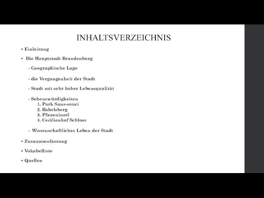 INHALTSVERZEICHNIS • Einleitung • Die Hauptstadt Brandenburg - Geographische Lage -