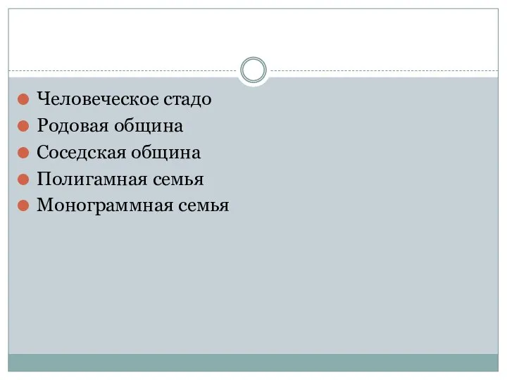 Человеческое стадо Родовая община Соседская община Полигамная семья Монограммная семья