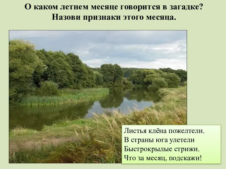 О каком летнем месяце говорится в загадке? Назови признаки этого месяца.