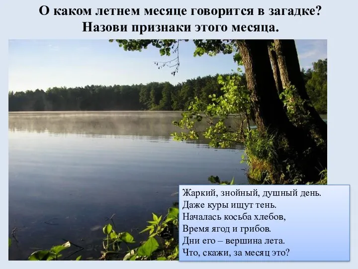 О каком летнем месяце говорится в загадке? Назови признаки этого месяца.