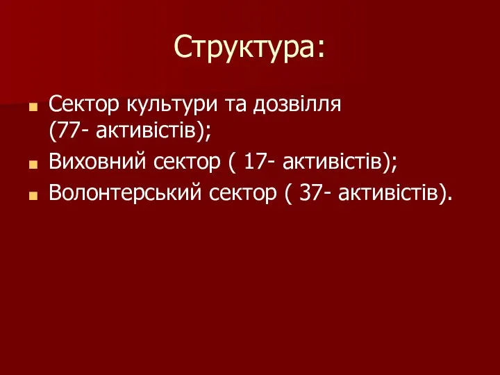 Структура: Сектор культури та дозвілля (77- активістів); Виховний сектор ( 17-