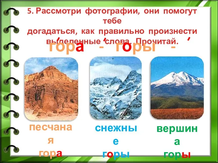 5. Рассмотри фотографии, они помогут тебе догадаться, как правильно произнести выделенные