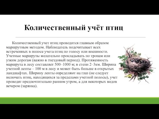 Количественный учёт птиц Количественный учет птиц проводится главным образом маршрутным методом.