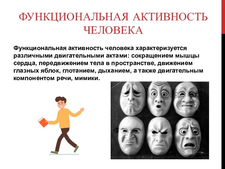 ФУНКЦИОНАЛЬНАЯ АКТИВНОСТЬ ЧЕЛОВЕКА Функциональная активность человека характеризуется различными двигательными актами: сокращением