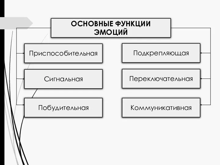 ОСНОВНЫЕ ФУНКЦИИ ЭМОЦИЙ Приспособительная Сигнальная Побудительная Коммуникативная Переключательная Подкрепляющая