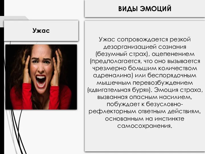 ВИДЫ ЭМОЦИЙ Ужас Ужас сопровождается резкой дезорганизацией сознания (безумный страх), оцепенением