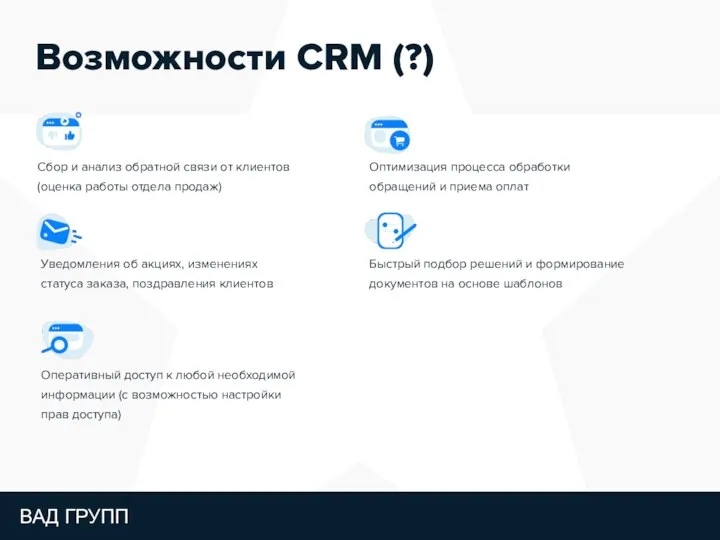 Возможности CRM (?) Сбор и анализ обратной связи от клиентов (оценка
