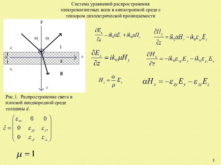 Рис.1. Распространение света в плоской неоднородной среде толщины d. Система уравнений