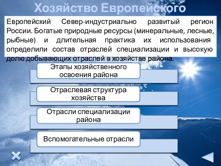 Хозяйство Европейского Севера Европейский Север-индустриально развитый регион России. Богатые природные ресурсы