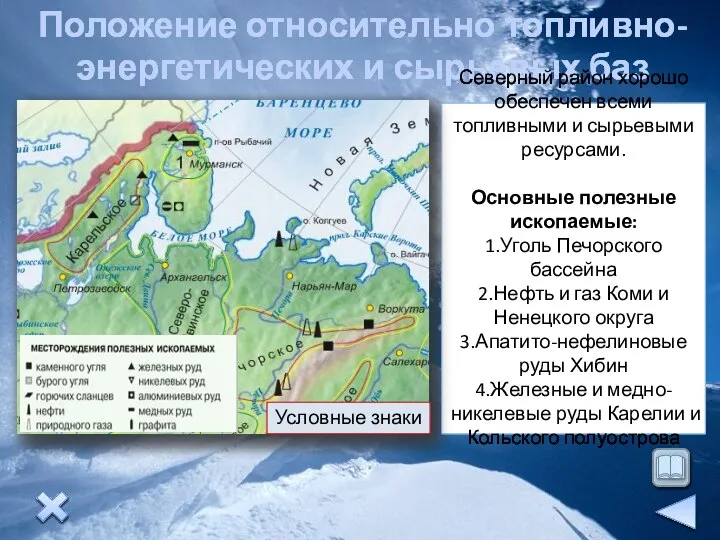 Положение относительно топливно-энергетических и сырьевых баз Северный район хорошо обеспечен всеми