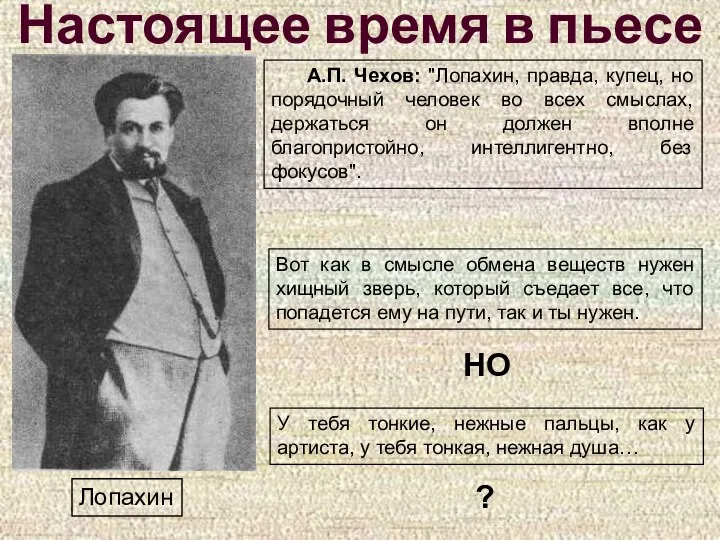 Настоящее время в пьесе Лопахин А.П. Чехов: "Лопахин, правда, купец, но