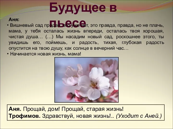 Будущее в пьесе Аня: Вишневый сад продан, его уже нет, это