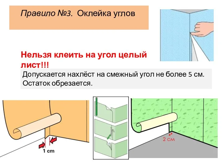 Правило №3. Оклейка углов Допускается нахлёст на смежный угол не более