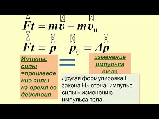 Импульс силы =произведение силы на время ее действия изменение импульса тела