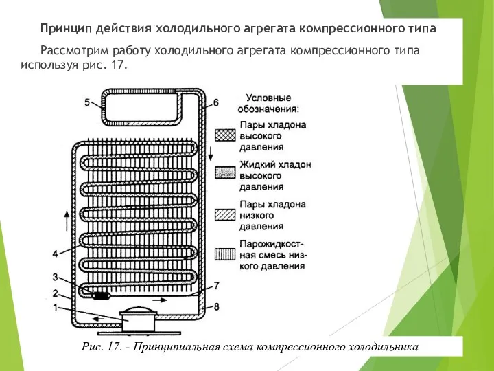 Принцип действия холодильного агрегата компрессионного типа Рассмотрим работу холодильного агрегата компрессионного