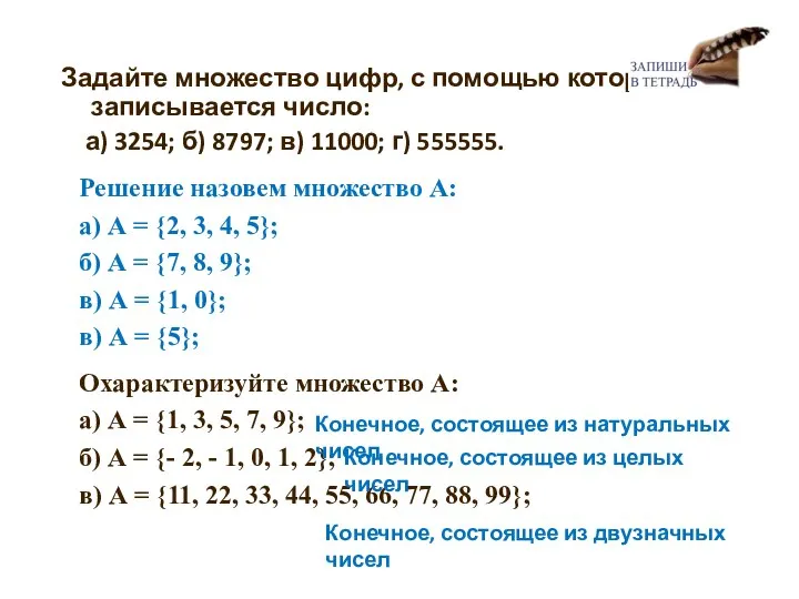 Задайте множество цифр, с помощью которых записывается число: а) 3254; б)