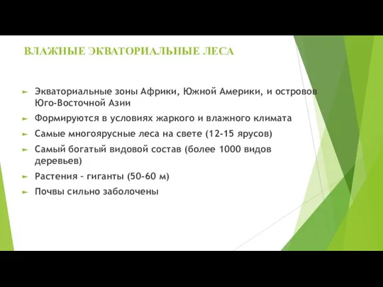 ВЛАЖНЫЕ ЭКВАТОРИАЛЬНЫЕ ЛЕСА Экваториальные зоны Африки, Южной Америки, и островов Юго-Восточной