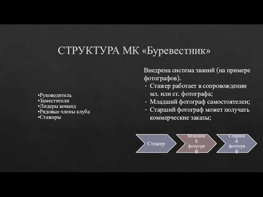 СТРУКТУРА МК «Буревестник» Руководитель Заместители Лидеры команд Рядовые члены клуба Стажеры