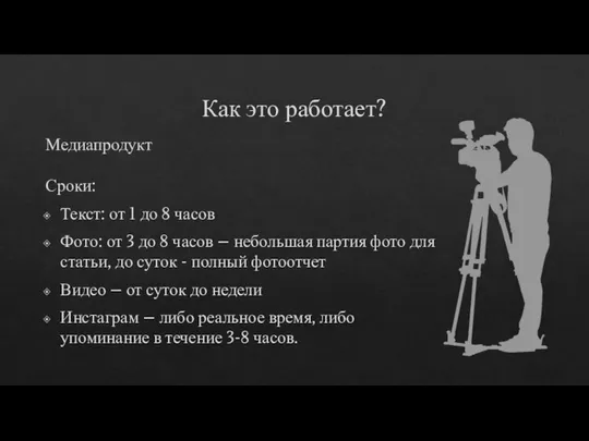 Как это работает? Медиапродукт Сроки: Текст: от 1 до 8 часов