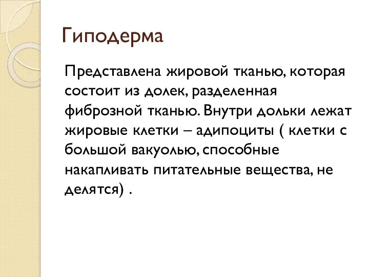 Гиподерма Представлена жировой тканью, которая состоит из долек, разделенная фиброзной тканью.