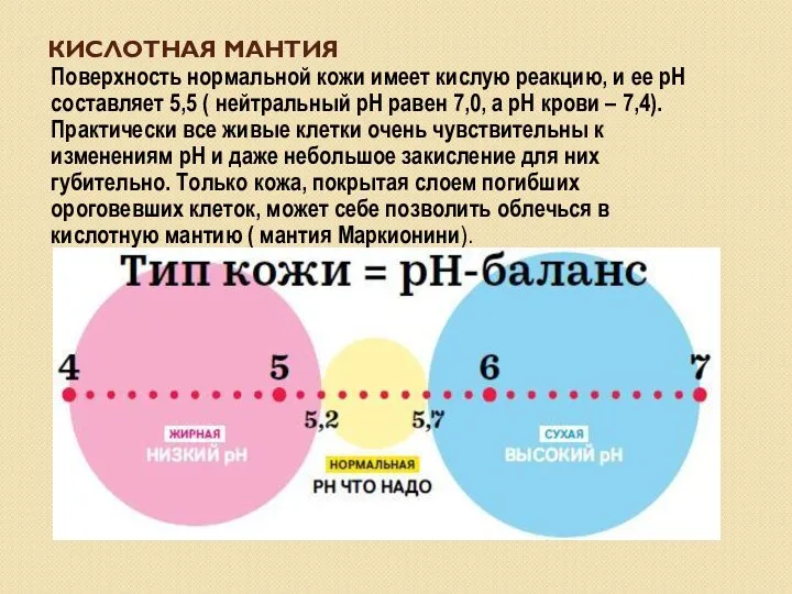 КИСЛОТНАЯ МАНТИЯ Поверхность нормальной кожи имеет кислую реакцию, и ее pH