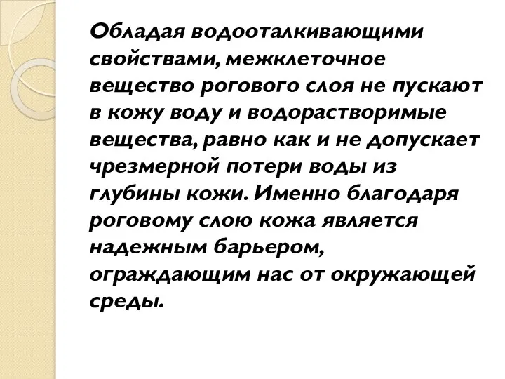 Обладая водооталкивающими свойствами, межклеточное вещество рогового слоя не пускают в кожу