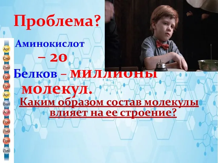 Проблема? Аминокислот – 20 Белков – миллионы молекул. Каким образом состав молекулы влияет на ее строение?