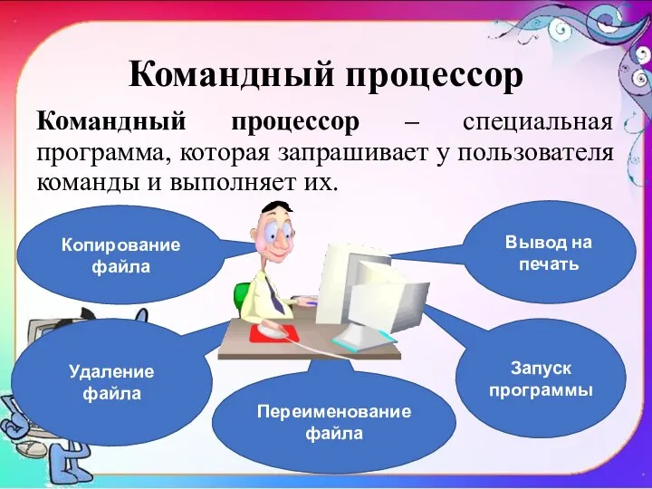 Командный процессор Командный процессор – специальная программа, которая запрашивает у пользователя