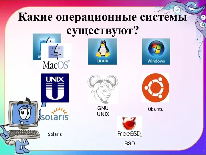 Какие операционные системы существуют? GNU UNIX Ubuntu Solaris BSD