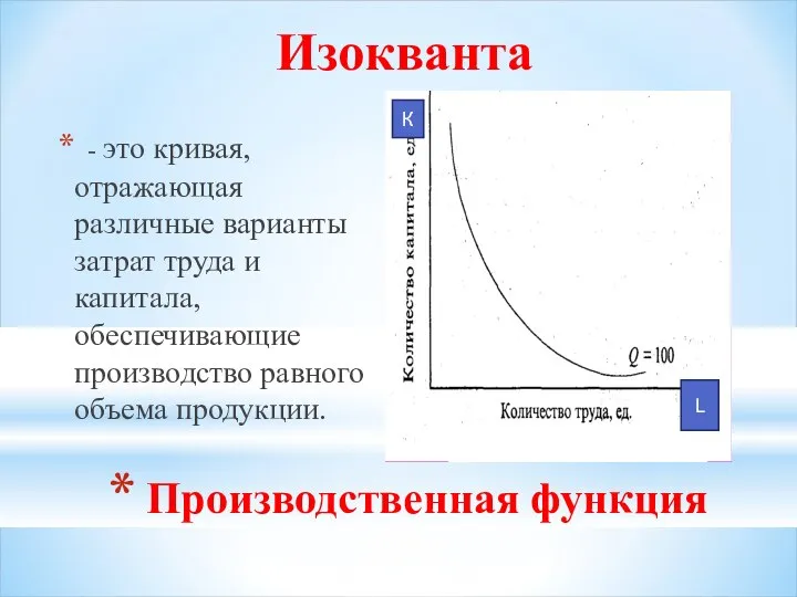 Изокванта - это кривая, отражающая различные варианты затрат труда и капитала,