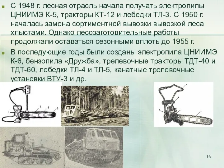 С 1948 г. лесная отрасль начала получать электропилы ЦНИИМЭ К-5, тракторы