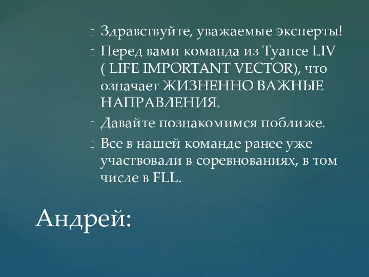 Здравствуйте, уважаемые эксперты! Перед вами команда из Туапсе LIV ( LIFE