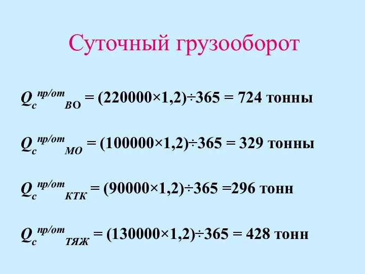 Qcпр/отВО = (220000×1,2)÷365 = 724 тонны Qcпр/отМО = (100000×1,2)÷365 = 329