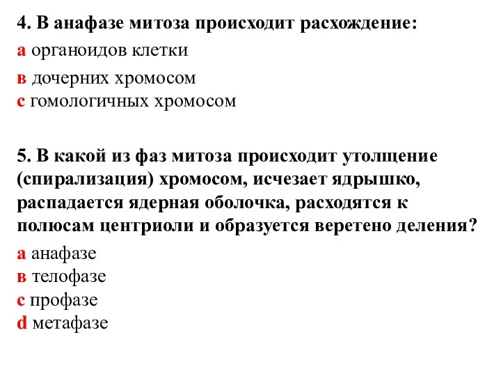 4. В анафазе митоза происходит расхождение: а органоидов клетки в дочерних