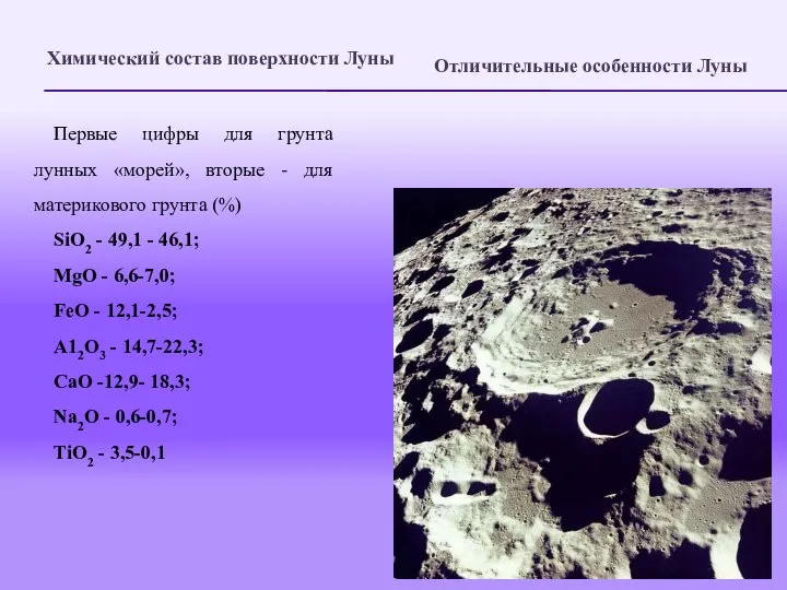 Химический состав поверхности Луны Отличительные особенности Луны Первые цифры для грунта