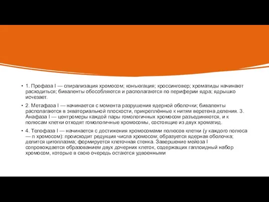 1. Профаза I — спирализация хромосом; конъюгация; кроссинговер; хроматиды начинают расходиться;