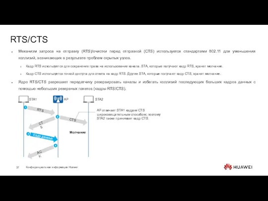 RTS/CTS Механизм запроса на отправку (RTS)/очистки перед отправкой (CTS) используется стандартами