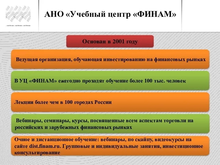 АНО «Учебный центр «ФИНАМ» Основан в 2001 году Ведущая организация, обучающая