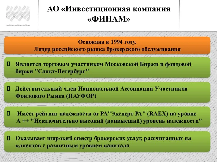 АО «Инвестиционная компания «ФИНАМ» Основана в 1994 году. Лидер российского рынка