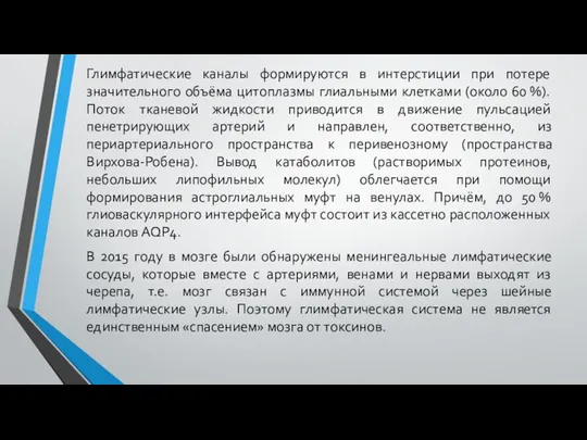 Глимфатические каналы формируются в интерстиции при потере значительного объёма цитоплазмы глиальными